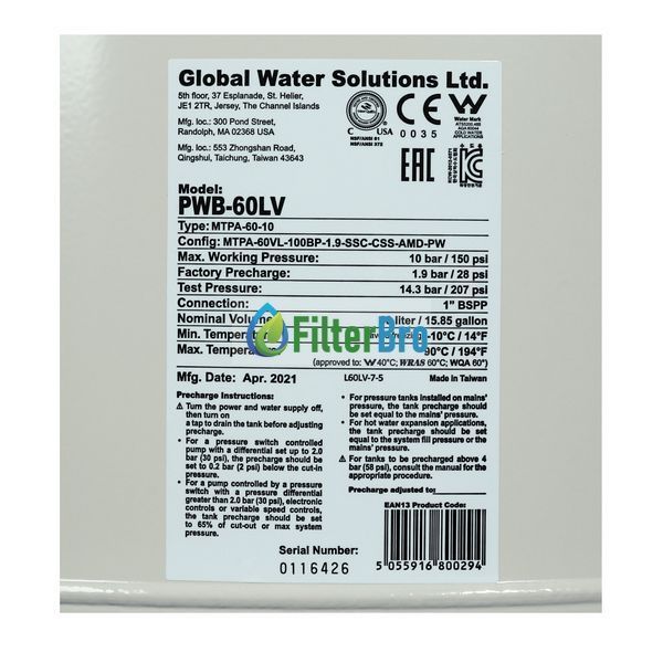 Гидроаккумулятор Global Water Solutions PWB60LV PressureWave вертикальный 60 л 931721496 фото